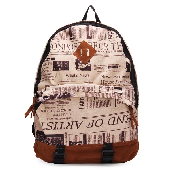 Fashion Unisex Vintage Newspaper Print Canvas Schoolbag Backpack